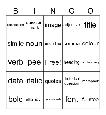 English Bingo Card