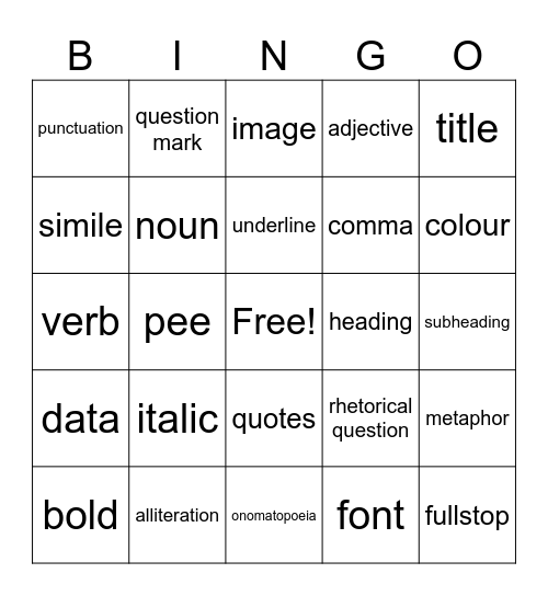 English Bingo Card
