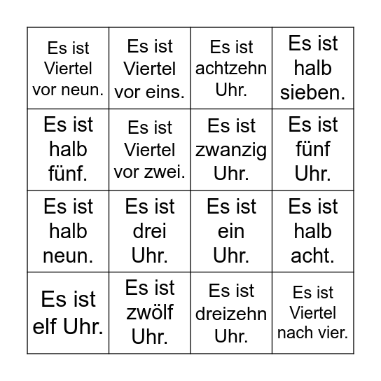 UHRZEITEN Bingo Card