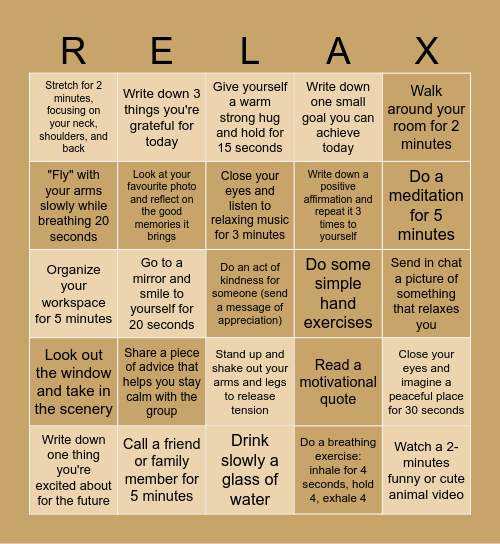 Stress-relief Bingo Card