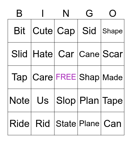 Sneaky E Bingo Card