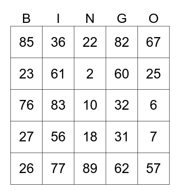 Number Bingo Card