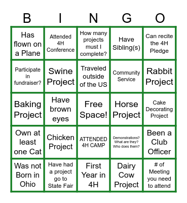 4H Bingo Card