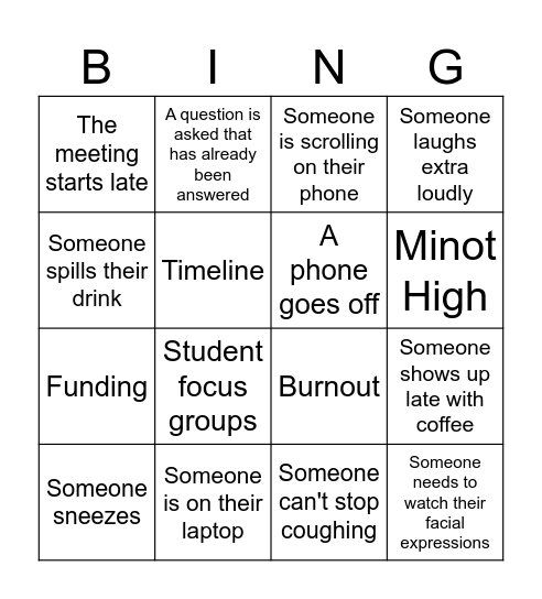 Staff Meeting Bingo Card