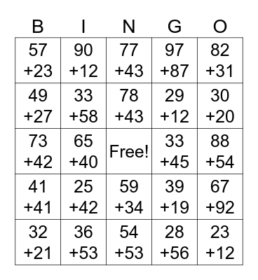2-digit Addition Bingo Card