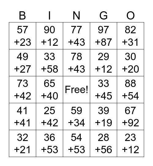 2-digit Addition Bingo Card