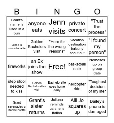 Bachelor Season 29 Bingo Card