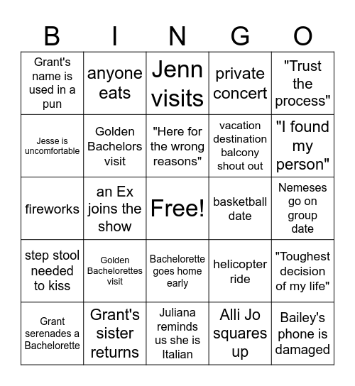 Bachelor Season 29 Bingo Card