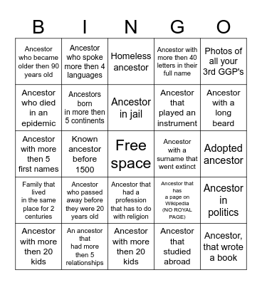 Ancestor Bingo Card