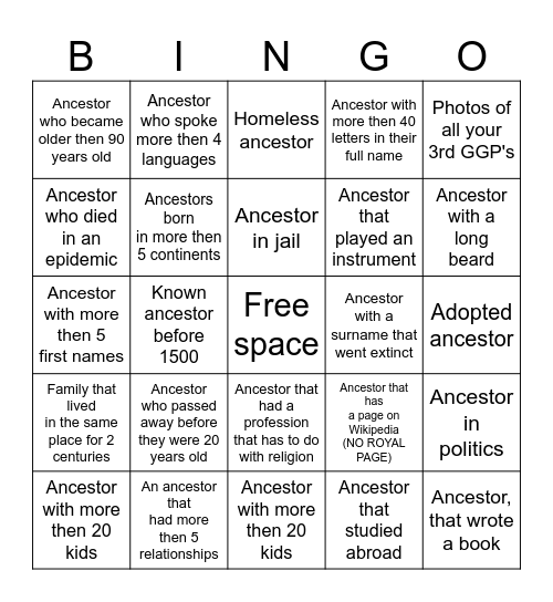 Ancestor Bingo Card