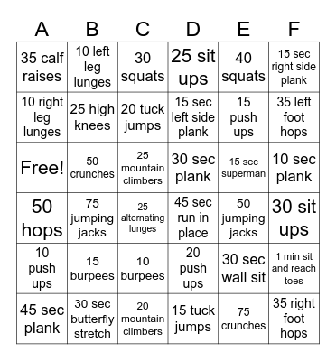 Fitness Bingo Card