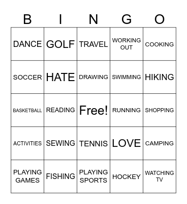 Hobbies and Interests (ASL 1) Bingo Card