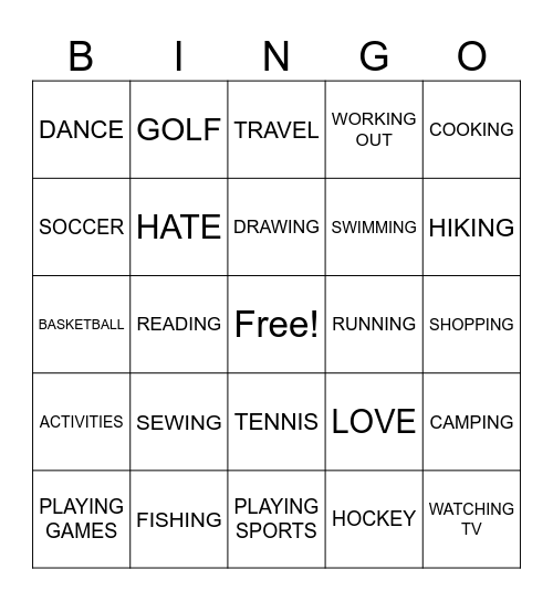 Hobbies and Interests (ASL 1) Bingo Card