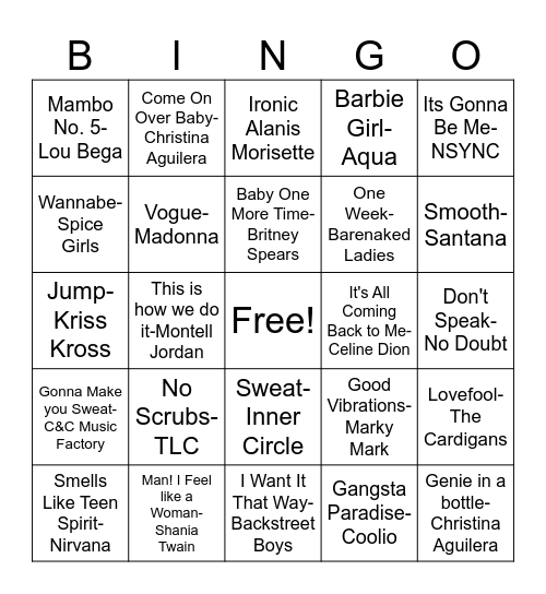 90s Music Bingo Card