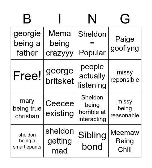 Young sheldon Bingo Card