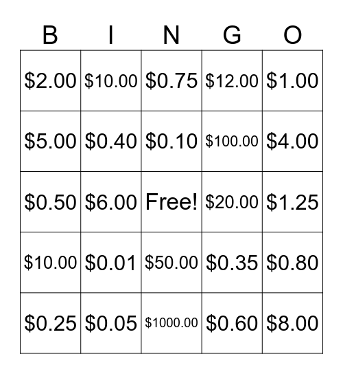 Canadian Currency Bingo Card