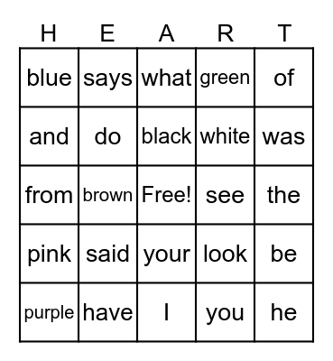 Valentine's Heart Words Bingo Card