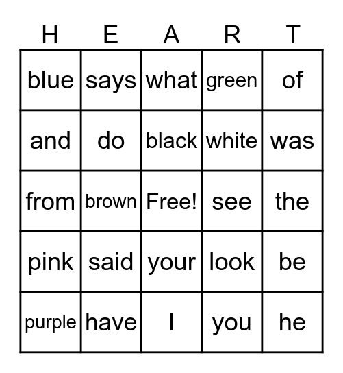 Valentine's Heart Words Bingo Card