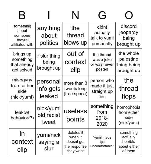 twt thread exposing nick and yumi Bingo Card