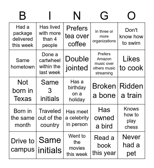 What do you have in common ? Bingo Card