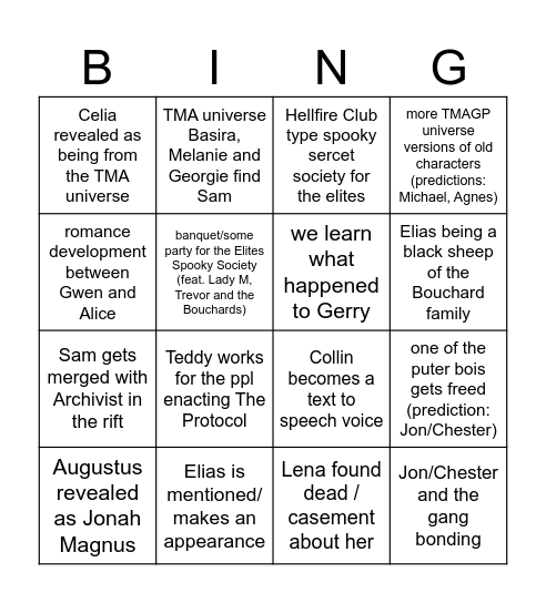 TMAGP s2 predictions/hopes Bingo Card