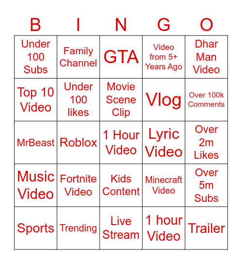 YouTube Bingo Card