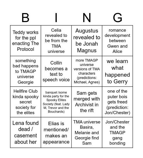 TMAGP s2 predictions/hopes Bingo Card