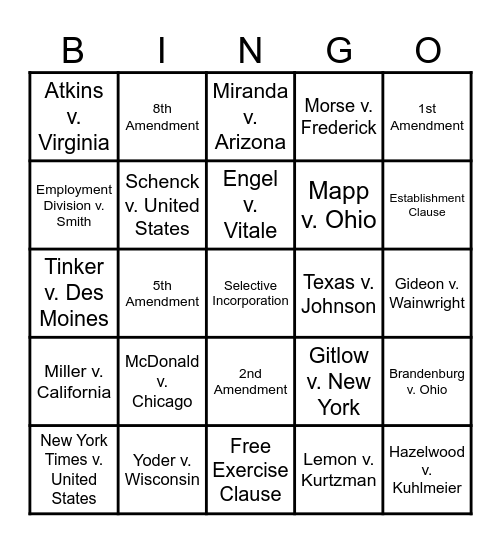 Civil Liberties Cases Bingo Card