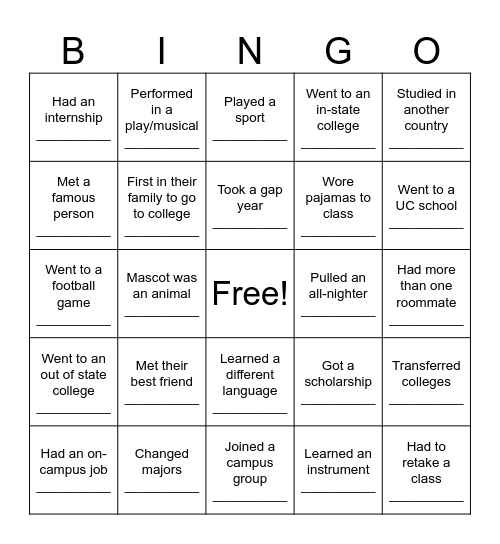 College Bingo! Bingo Card