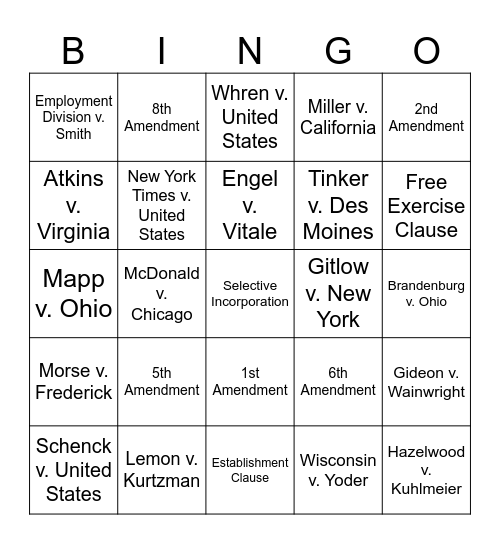 Civil Liberties Cases Bingo Card