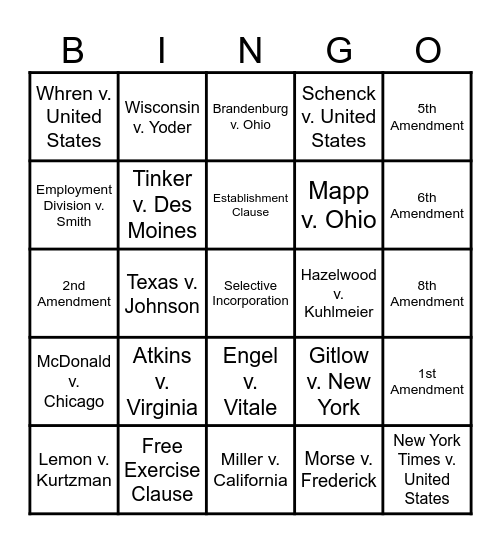 Civil Liberties Cases Bingo Card