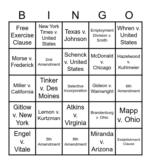 Civil Liberties Cases Bingo Card