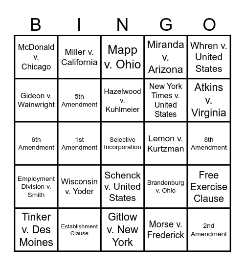 Civil Liberties Cases Bingo Card