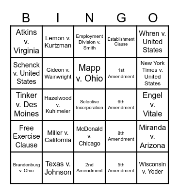 Civil Liberties Cases Bingo Card