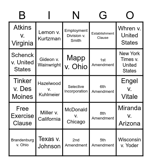 Civil Liberties Cases Bingo Card