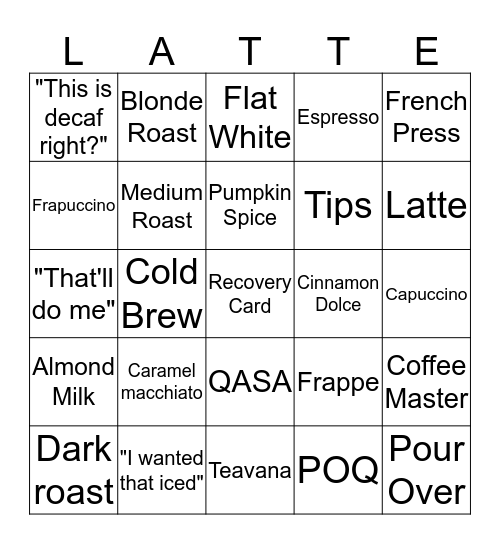 Starbucks Bingo Card