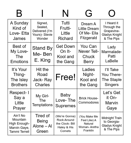 Chavis Park Music Bingo Card