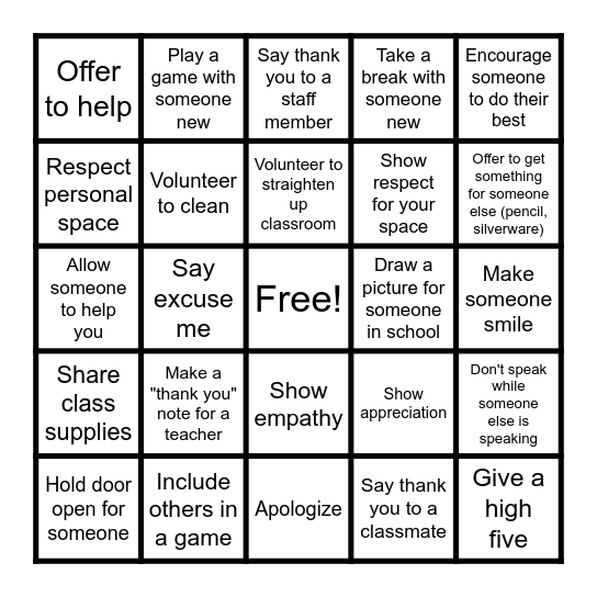 Kindness Bingo 115 Bingo Card
