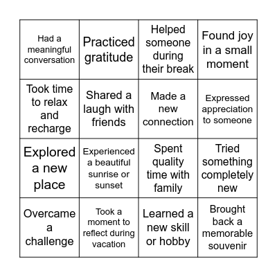 Did You Have a Special Vacation - Bingo Card