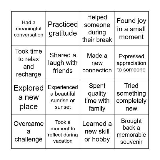 Did You Have a Special Vacation - Bingo Card