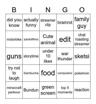 youtube shorts Bingo Card