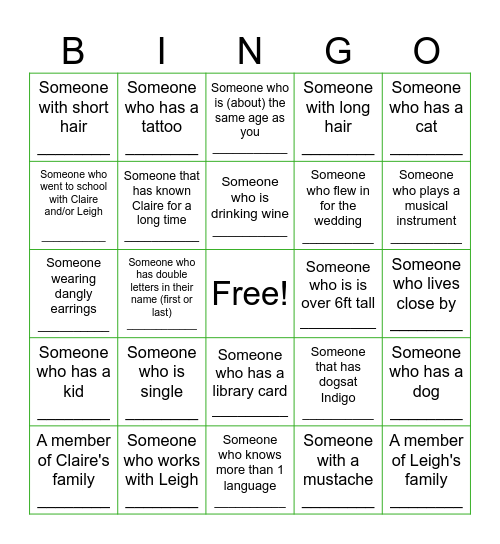 Wedding Guest Bingo! Bingo Card