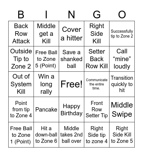 Volleyball Bingo Card