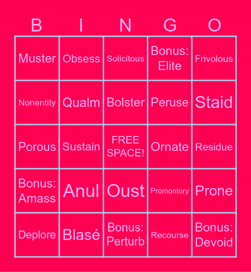 Unit 4 - Vocabulary Words Bingo Card