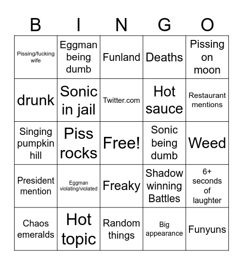 Sonic Adventure 2 Fandub Bingo Card