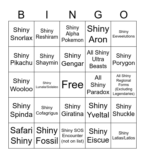 2025 Shiny Bingo Sheet (No pictures) Bingo Card