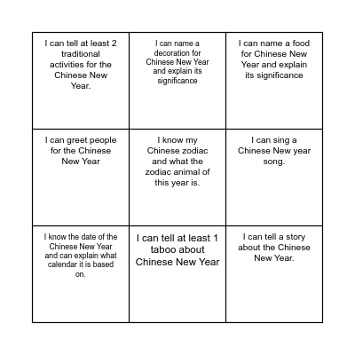 Chinese New Year Bingo Card