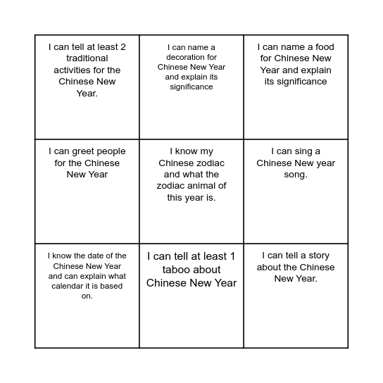 Chinese New Year Bingo Card
