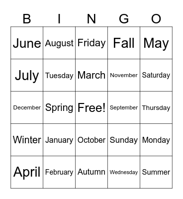 Months/Days/Seasons Bingo Card