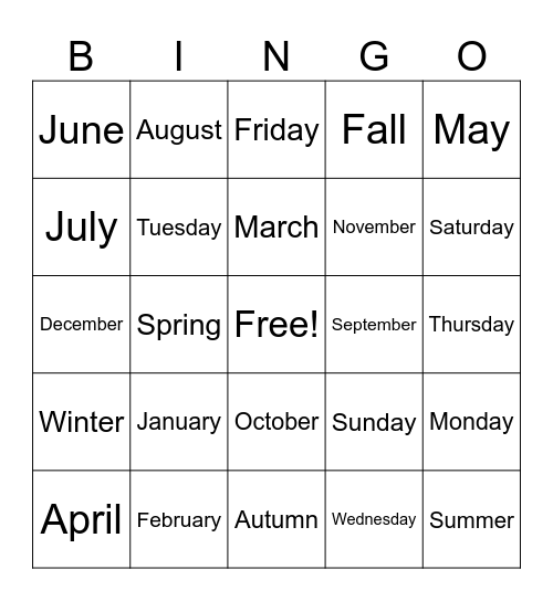 Months/Days/Seasons Bingo Card